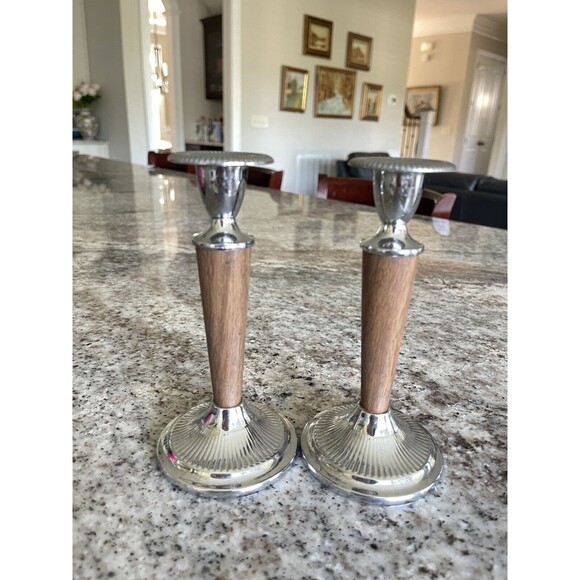 IANTHE Pat PDG Made in England Faux Wood & Silver Plate Candle Holders - Picture 5 of 7